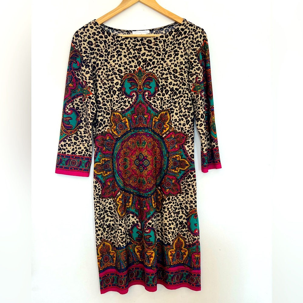 ✅ London Times sz 8 Dress 3/4 Sleeve Leopard Hippie shift mandala vintage Y2K